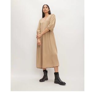 Everlane the tencel puff sleeve Elegant Tan Midi Dress size L